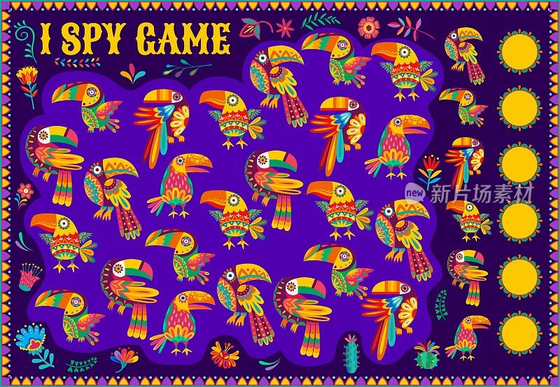 Cartoon mexican toucan birds on kids spy game